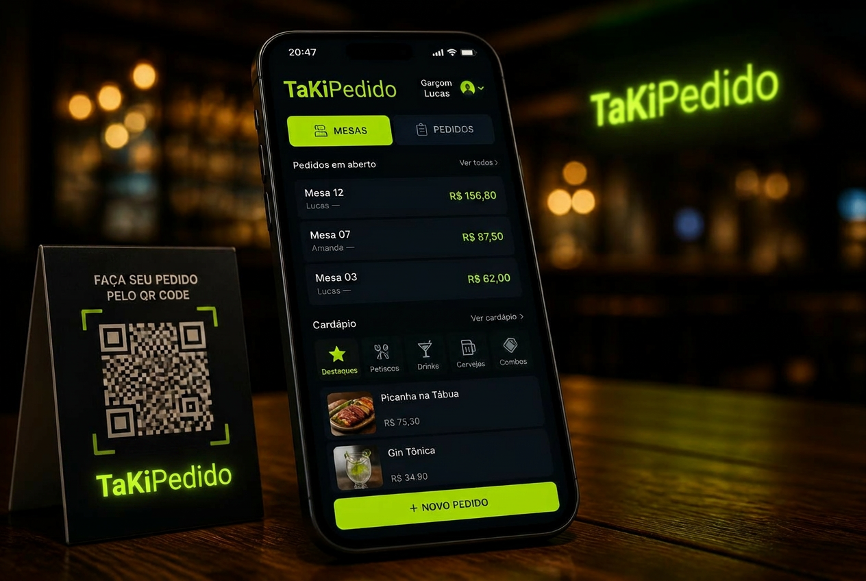 App TaKiPedido em um celular ao lado da plaquinha de QR Code em um bar